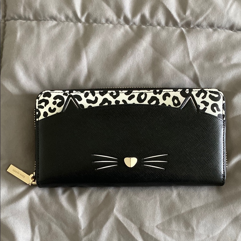 Kate Spade Meow Cat Large Continental Wallet in Black Leather White Leopard